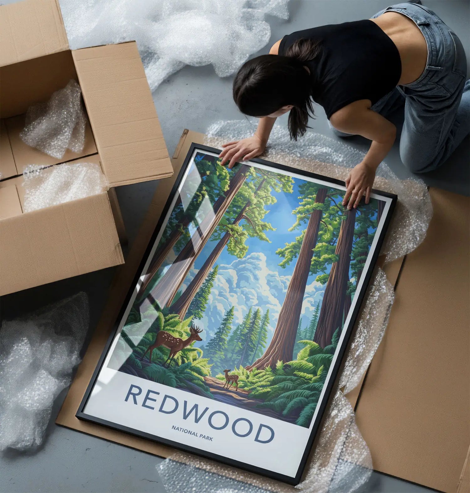 A customer unpacking a large framed Redwood National Park vintage poster with secure bubble wrap and packaging.