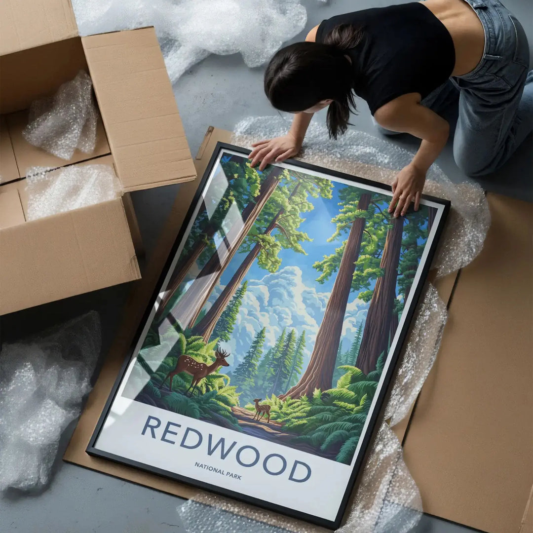 Woman carefully unboxing a large, framed Redwood National Park vintage travel poster surrounded by protective packaging.