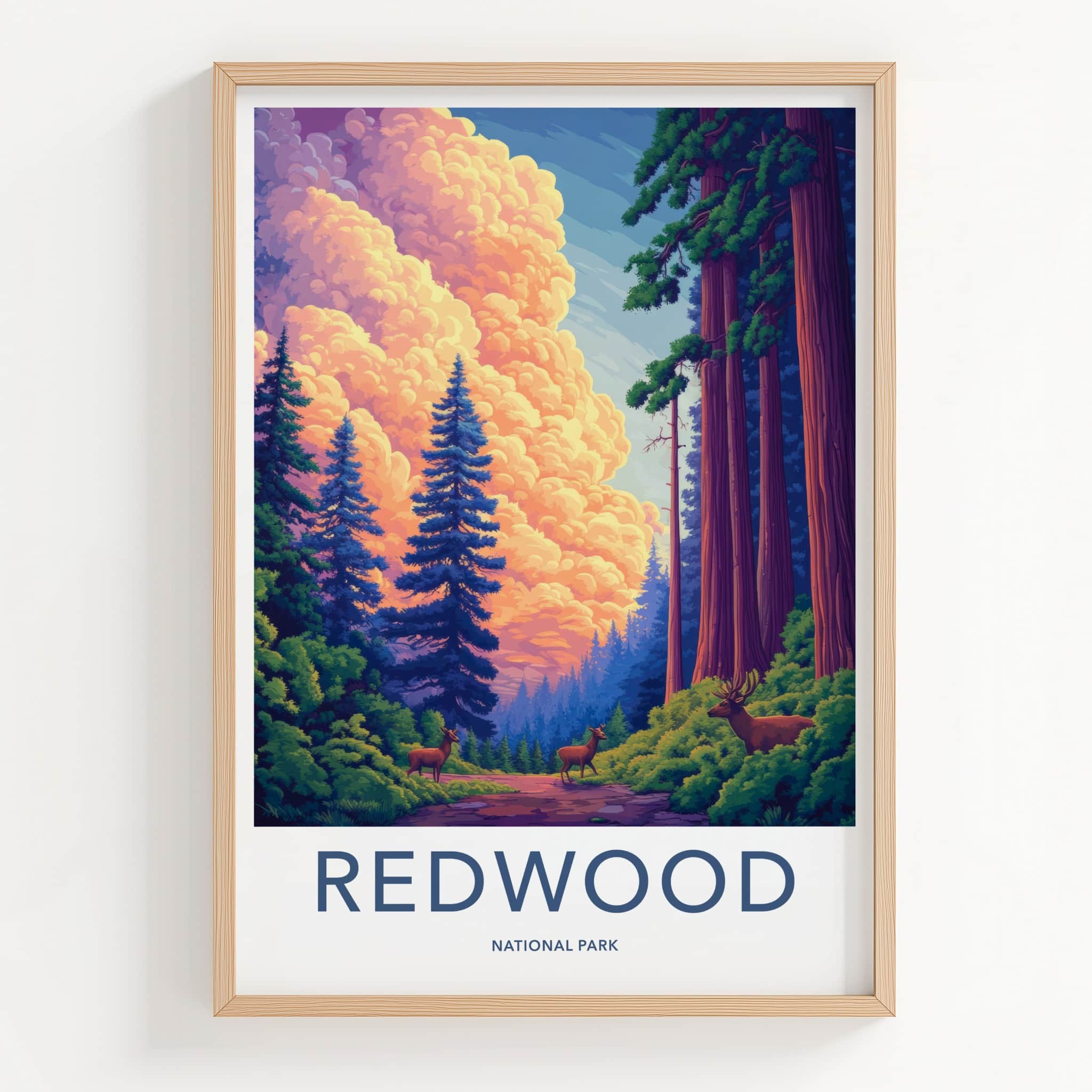 Redwood National Park Poster - California Travel Art - Deer Forest Sunset Home Decor
