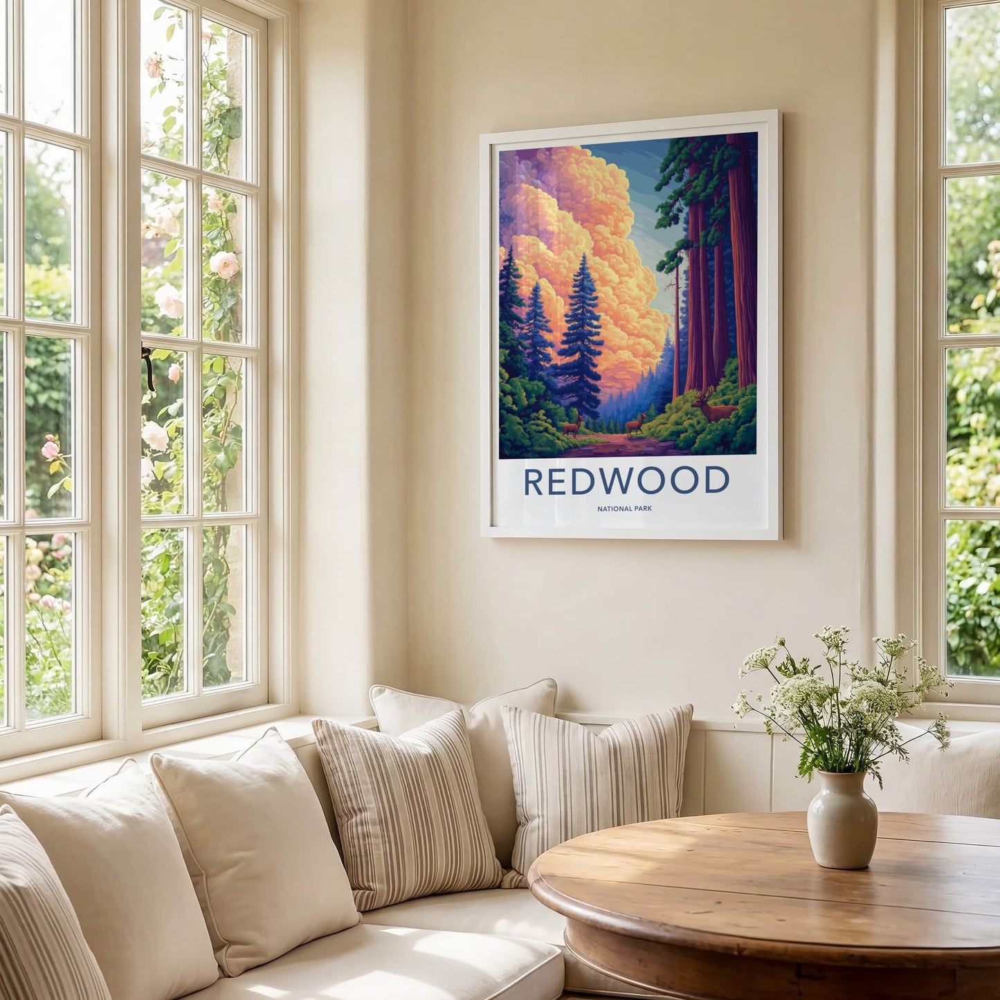 Redwood National Park Poster - California Travel Art - Deer Forest Sunset Home Decor