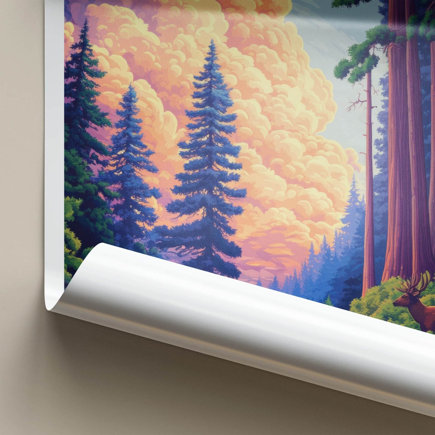 Redwood National Park Poster - California Travel Art - Deer Forest Sunset Home Decor
