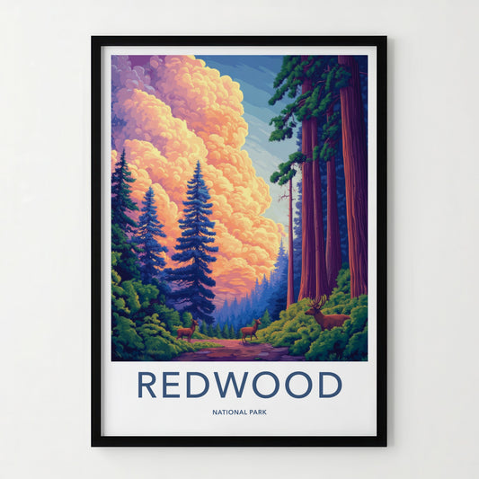 Redwood National Park Poster - California Travel Art - Deer Forest Sunset Home Decor