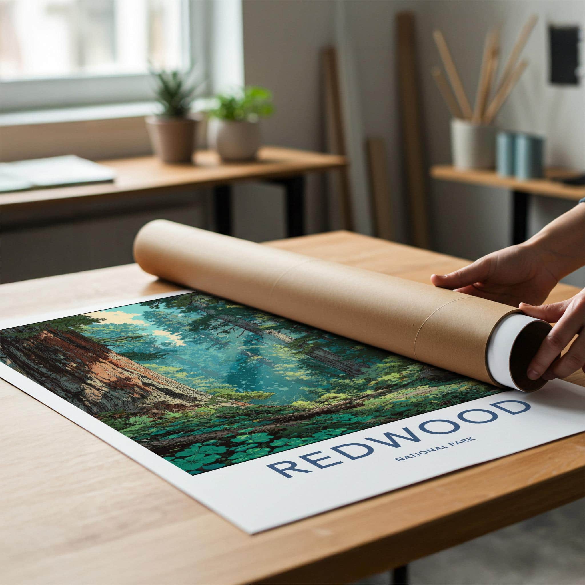 Redwood National Park Poster - California Travel Art - Giant Forest Sunlight Home Decor