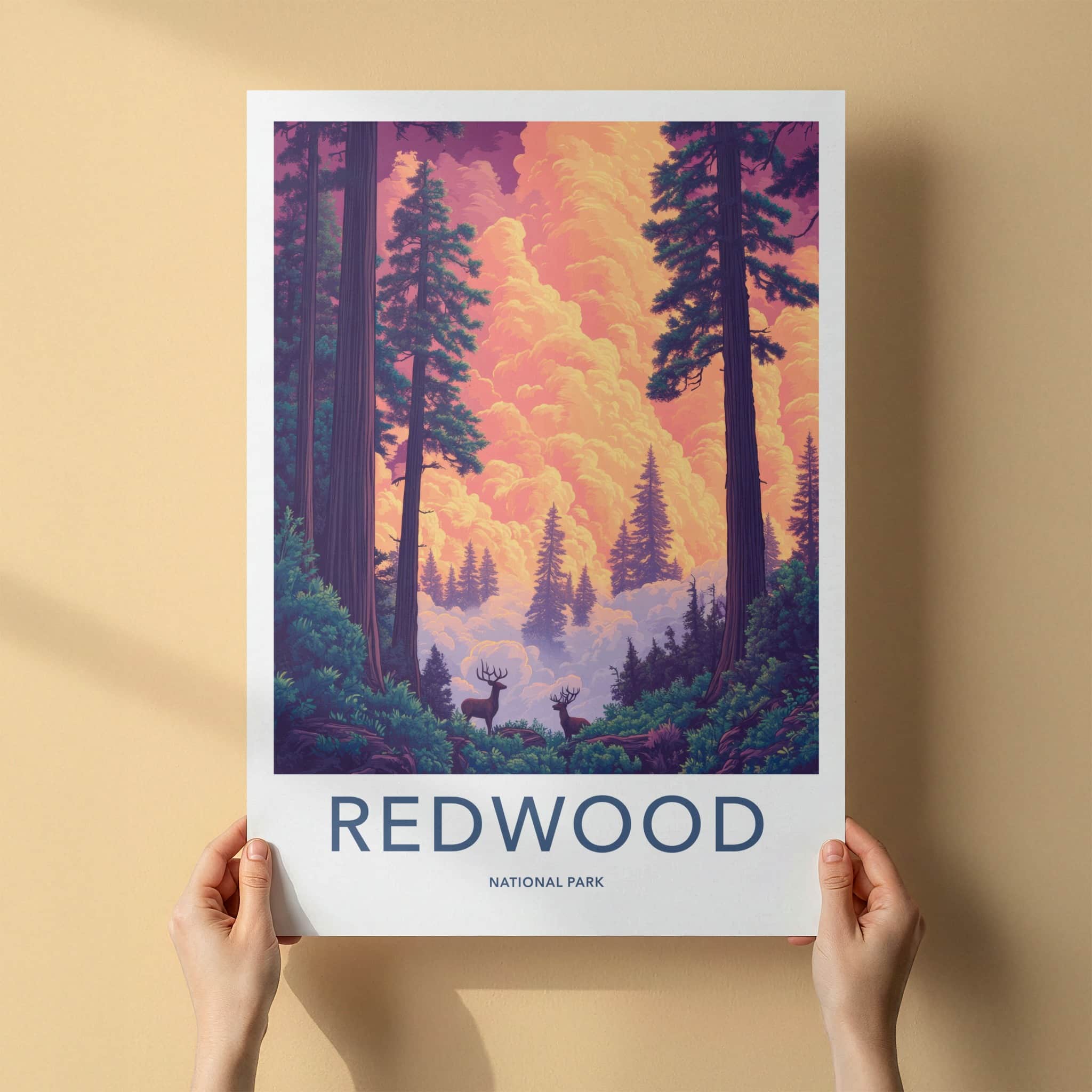 Redwood National Park Poster - California Travel Art - Giant Trees Deer Home Decor