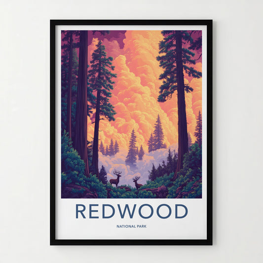 Redwood National Park Poster - California Travel Art - Giant Trees Deer Home Decor