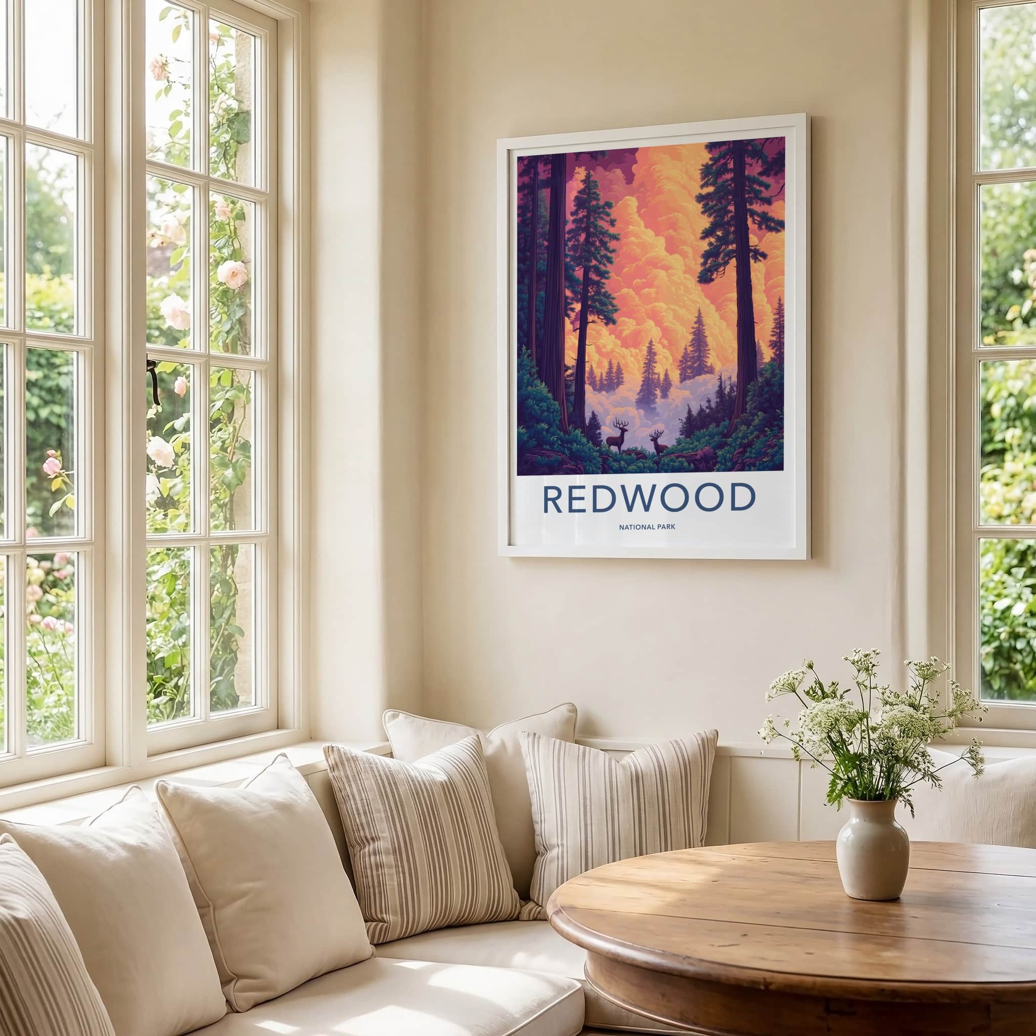 Redwood National Park Poster - California Travel Art - Giant Trees Deer Home Decor