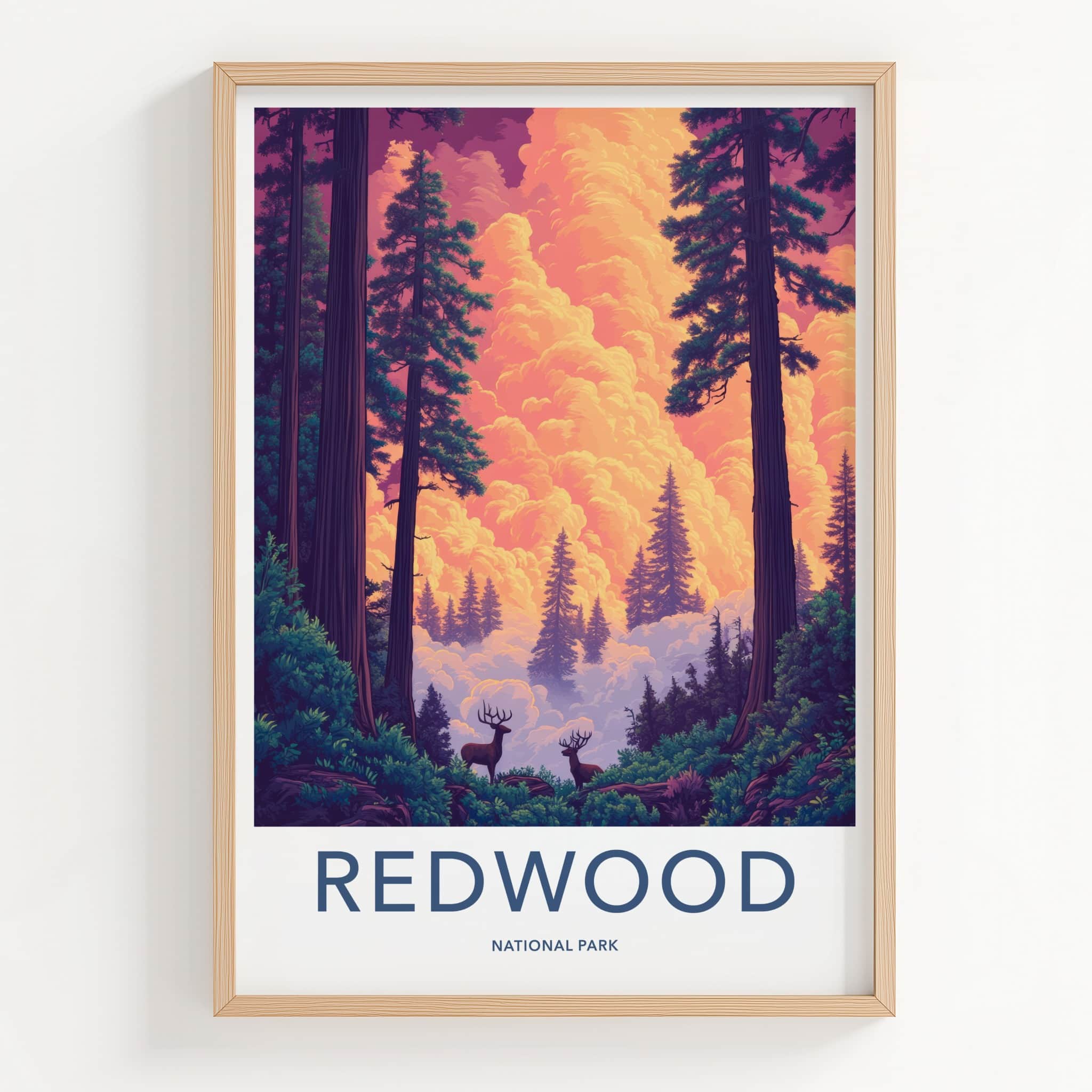 Redwood National Park Poster - California Travel Art - Giant Trees Deer Home Decor