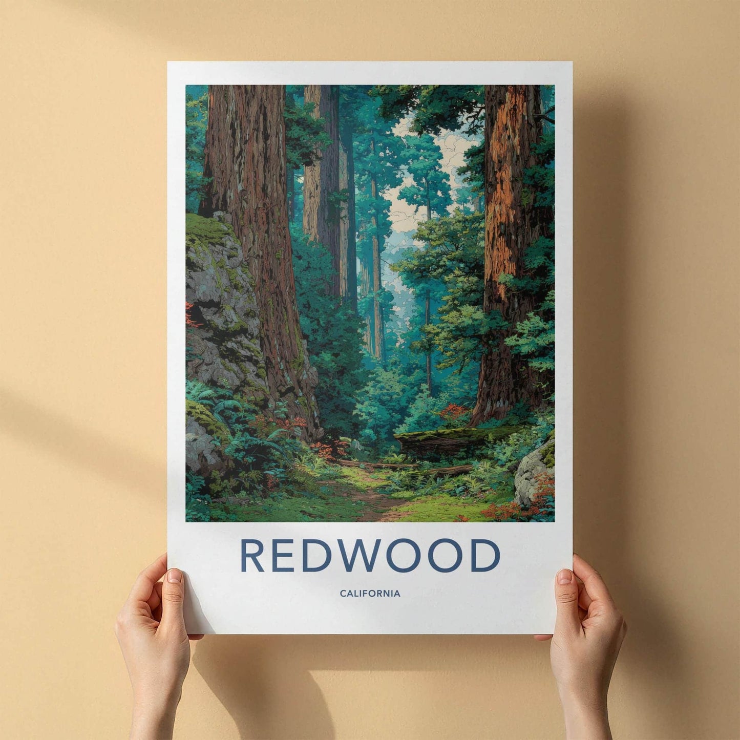 Redwood National Park Poster - California Travel Art - Lush Forest Path Home Decor