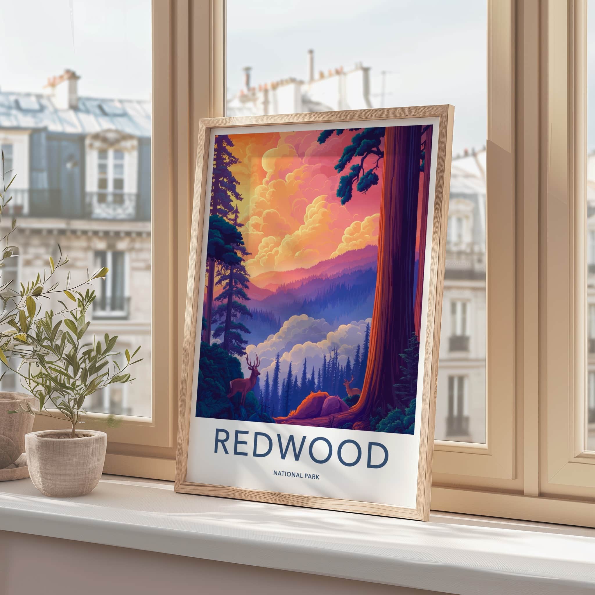 Redwood National Park Poster - California Travel Art - Majestic Forest Deer Home Decor