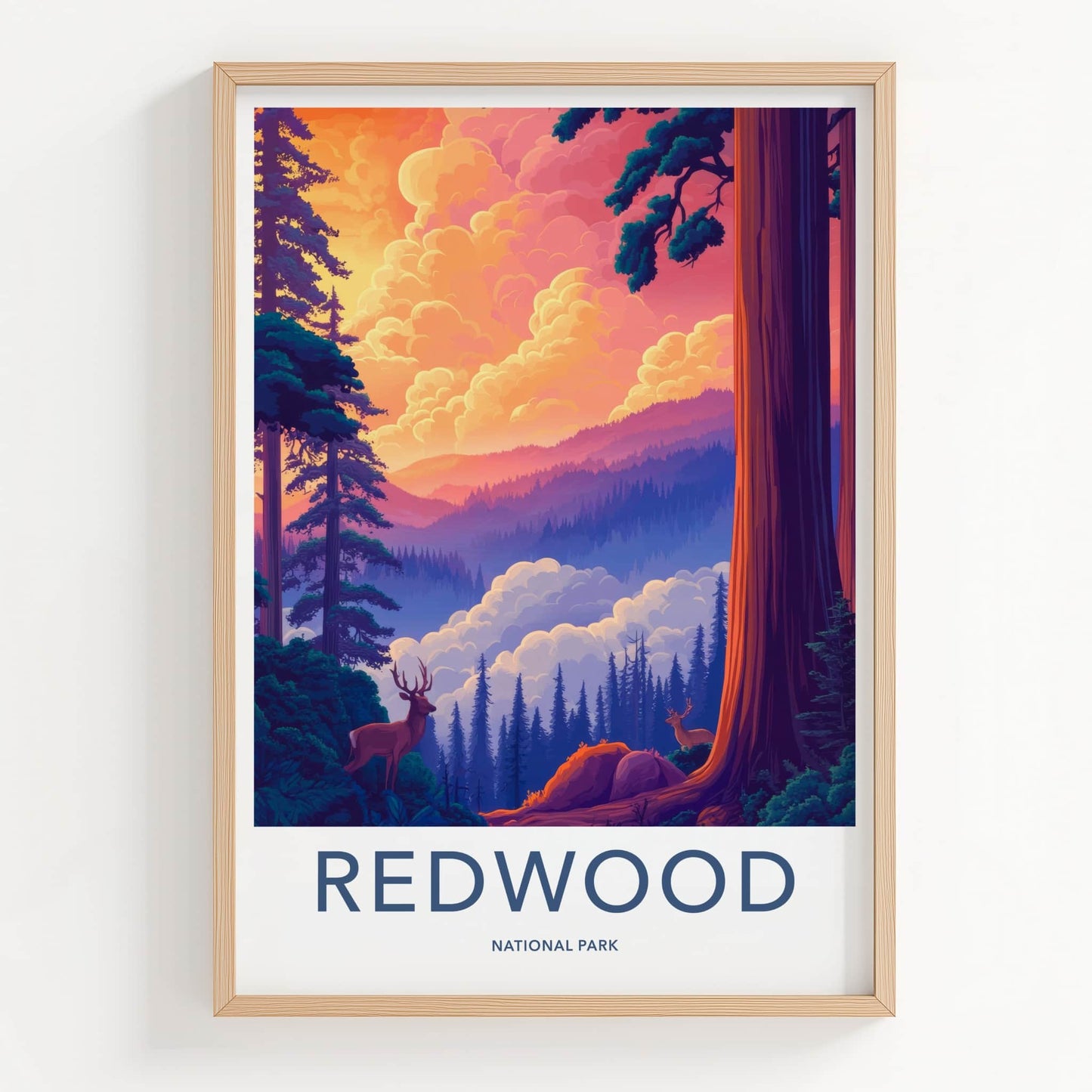 Redwood National Park Poster - California Travel Art - Majestic Forest Deer Home Decor