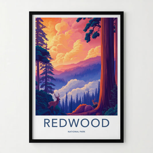Redwood National Park Poster - California Travel Art - Majestic Forest Deer Home Decor