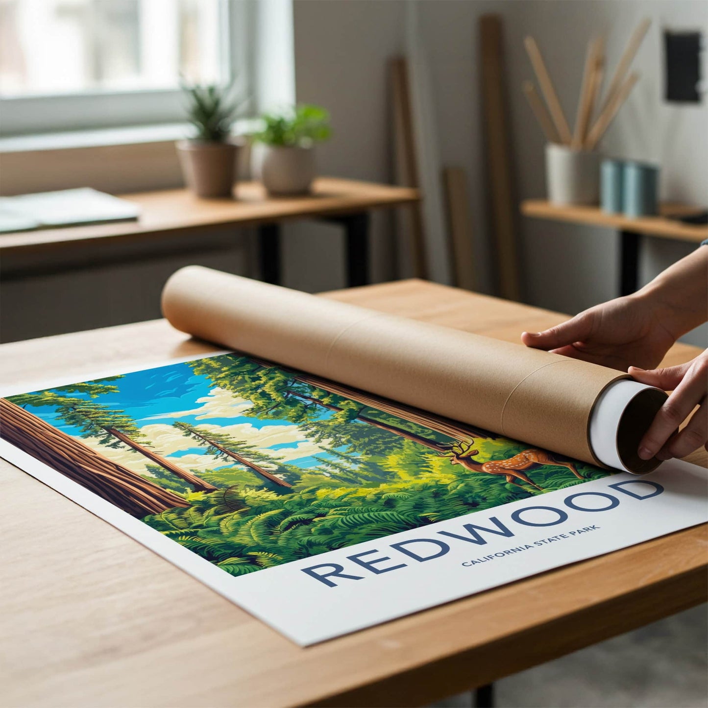 Redwood Poster - California Travel Art - Deer Redwood Forest Home Decor