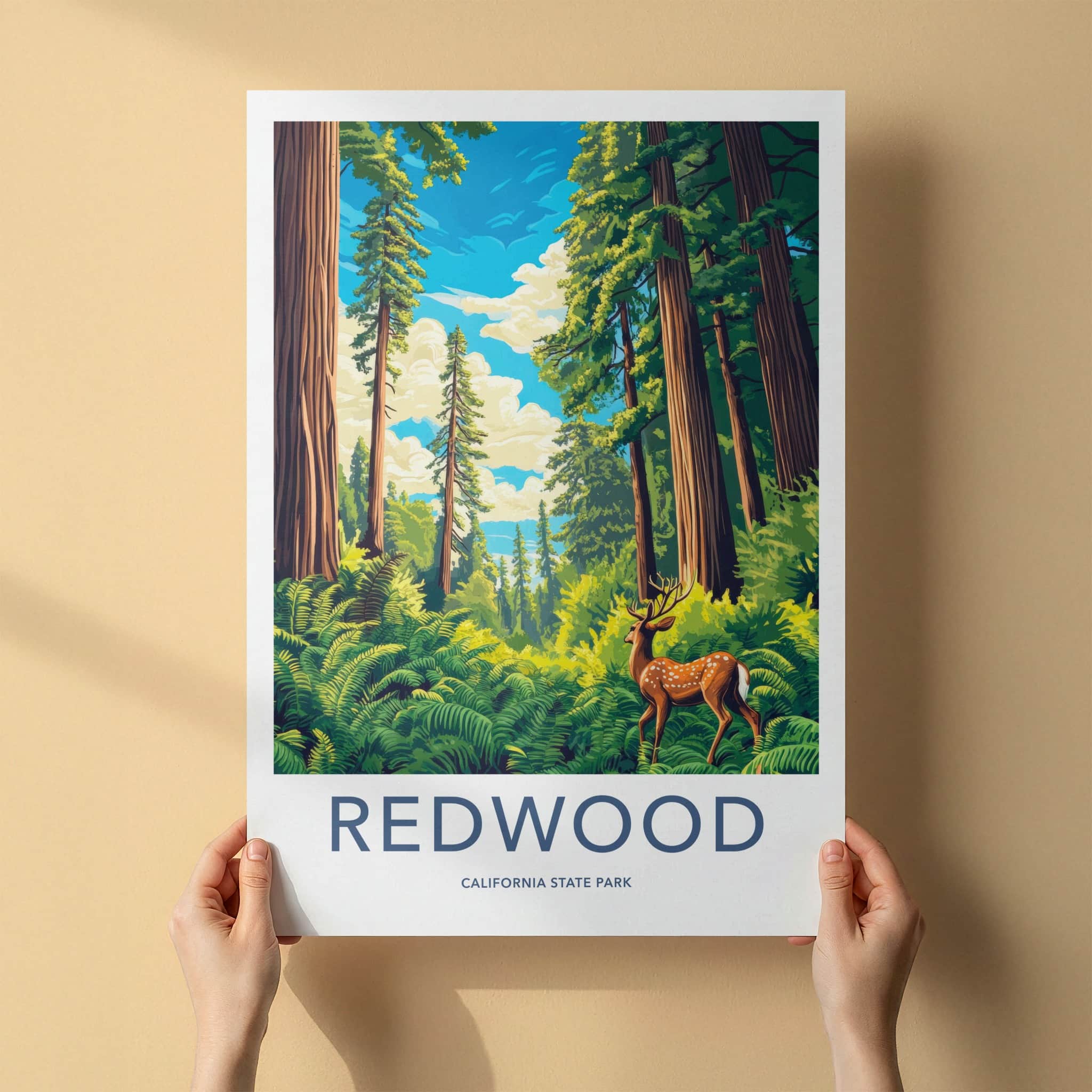 Redwood Poster - California Travel Art - Deer Redwood Forest Home Decor