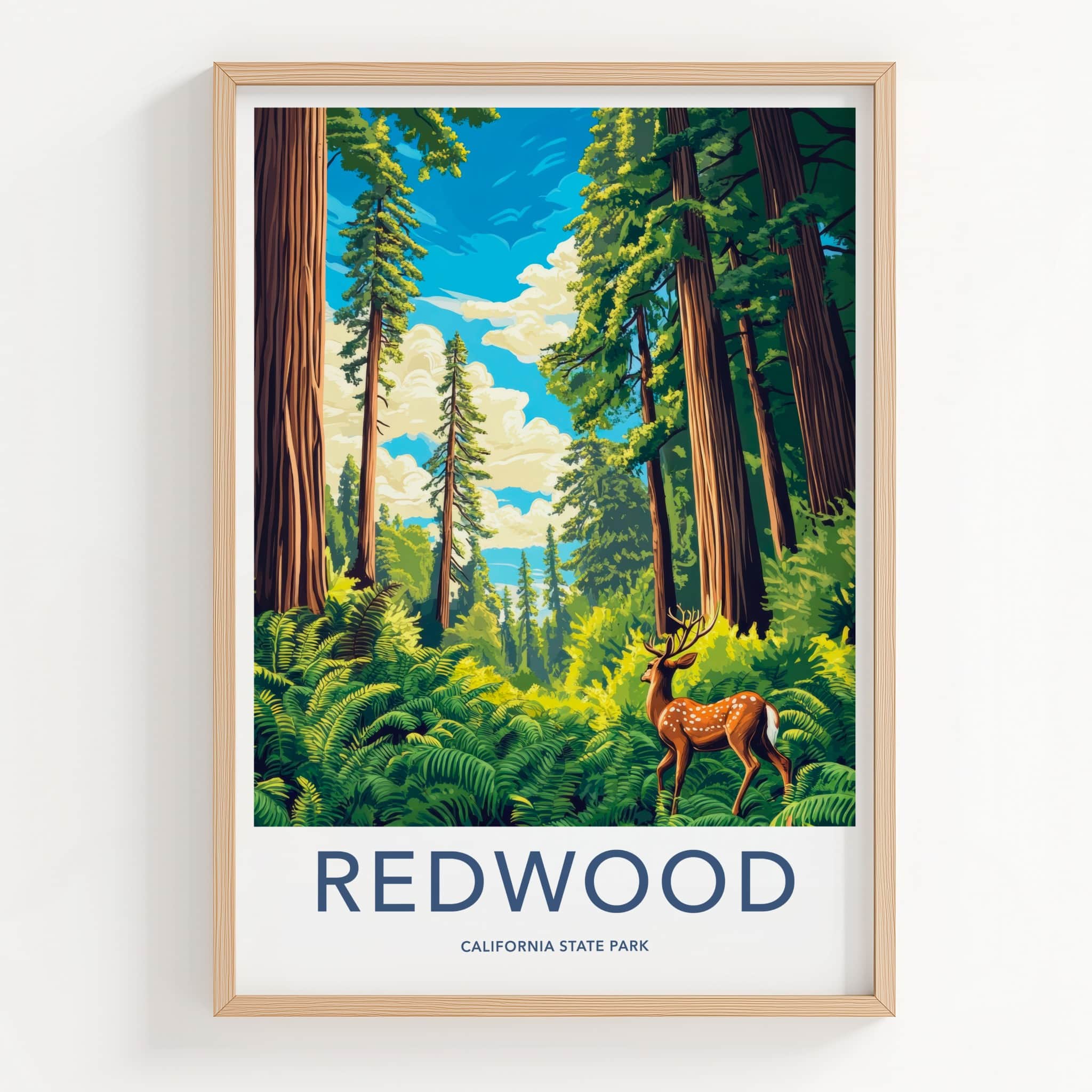 Redwood Poster - California Travel Art - Deer Redwood Forest Home Decor