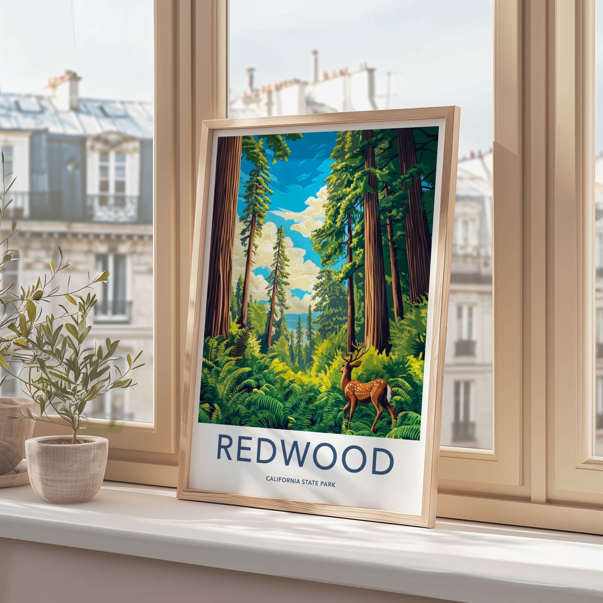 Redwood Poster - California Travel Art - Deer Redwood Forest Home Decor