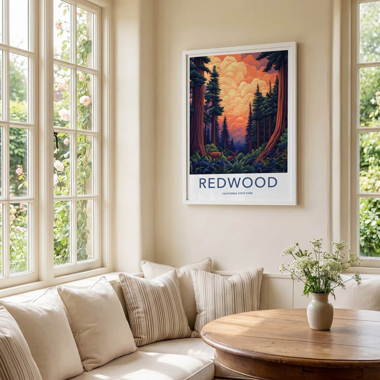 Redwood Poster - California Travel Art - Giant Trees Deer Wall Decor