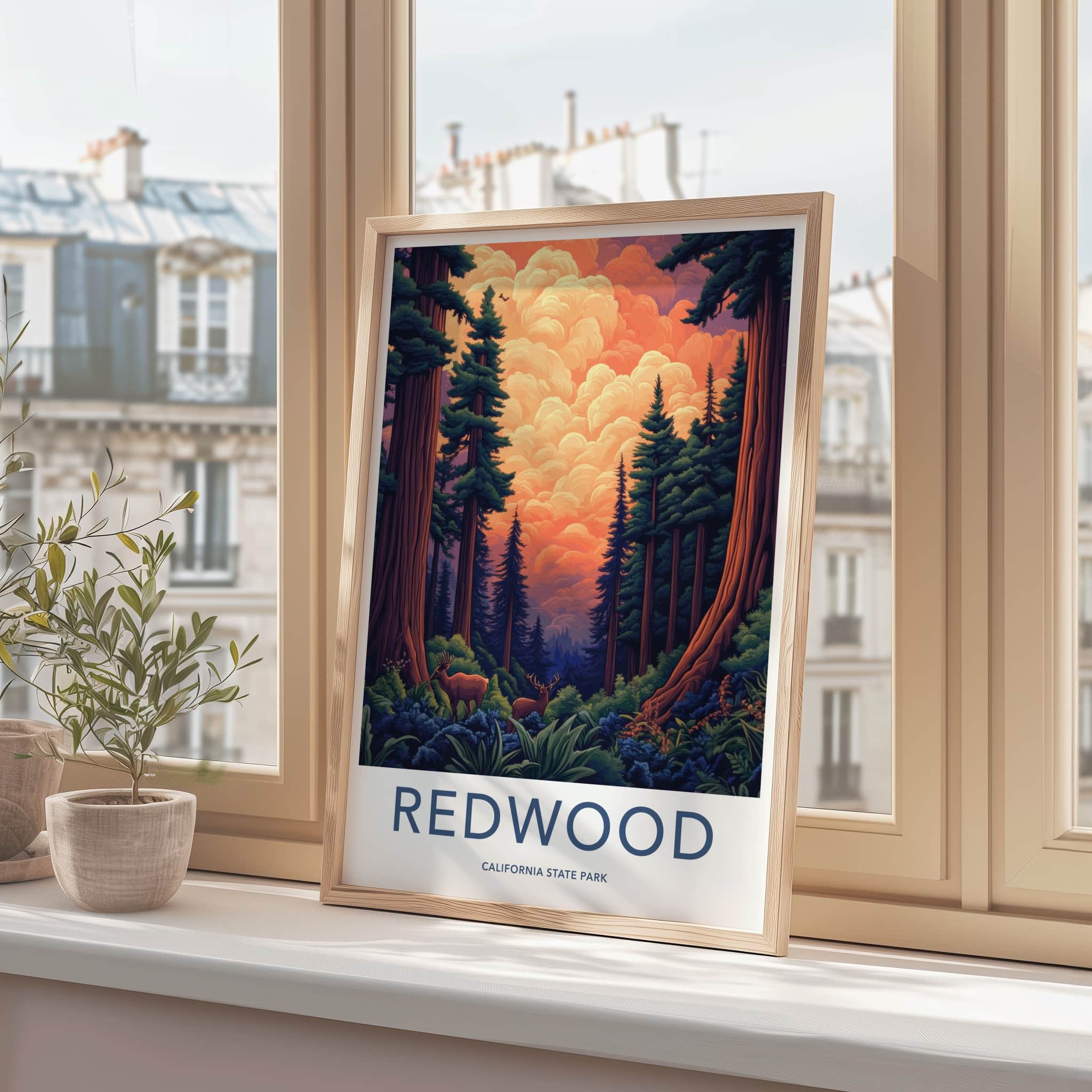 Redwood Poster - California Travel Art - Giant Trees Deer Wall Decor