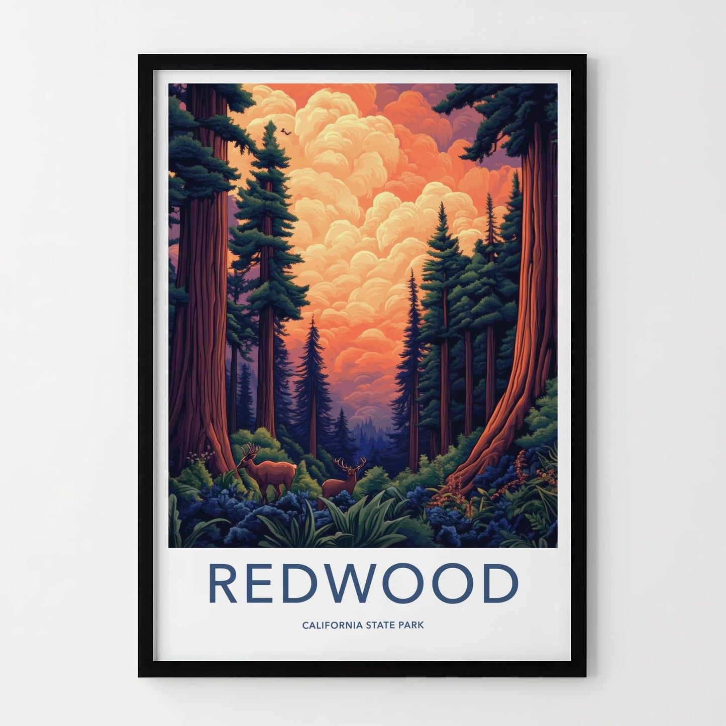 Redwood Poster - California Travel Art - Giant Trees Deer Wall Decor