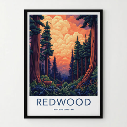 Redwood Poster - California Travel Art - Giant Trees Deer Wall Decor