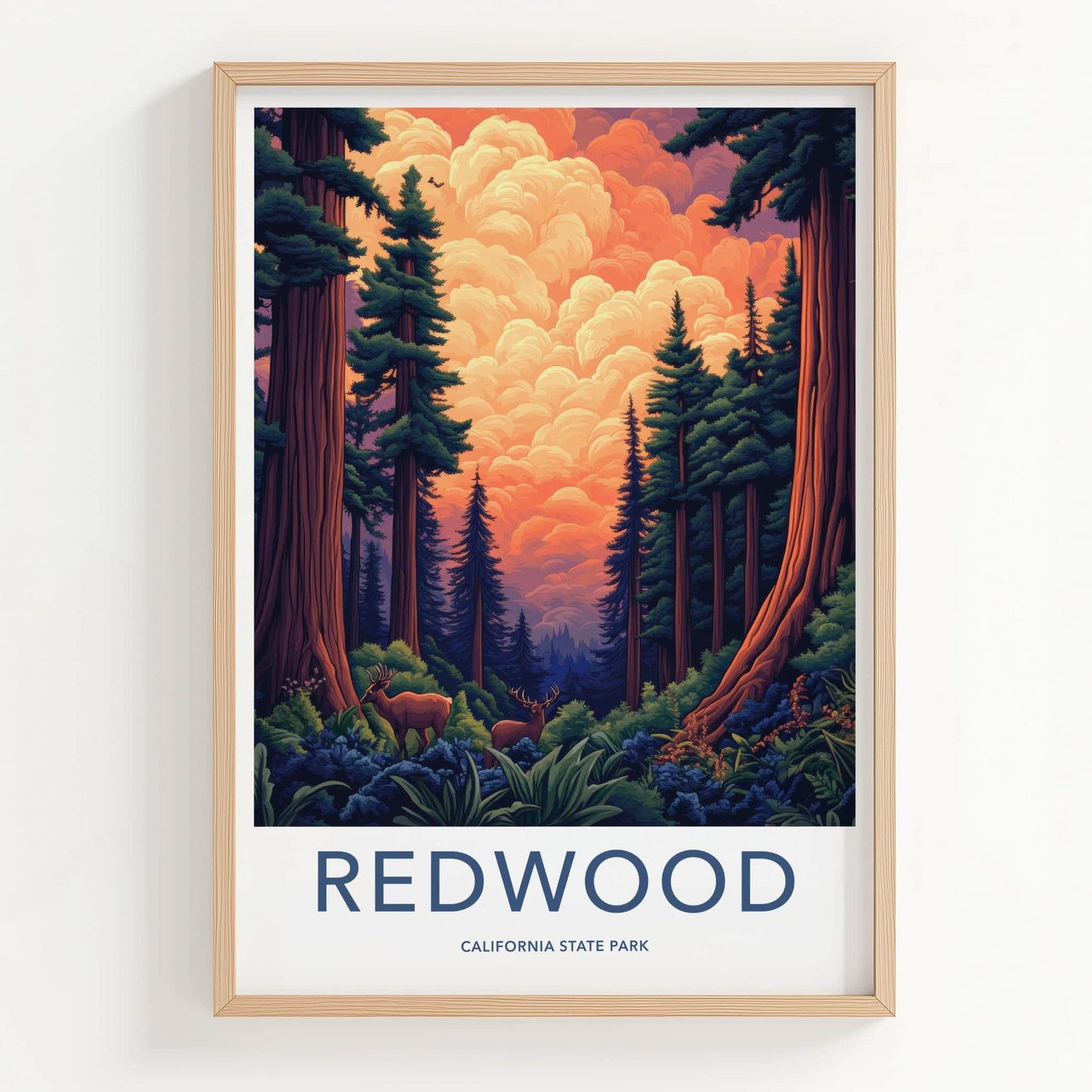 Redwood Poster - California Travel Art - Giant Trees Deer Wall Decor