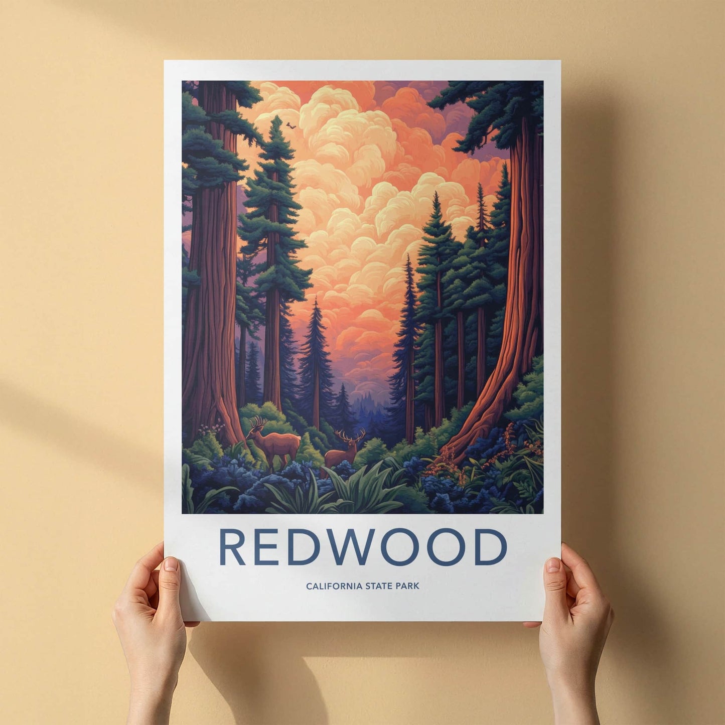 Redwood Poster - California Travel Art - Giant Trees Deer Wall Decor
