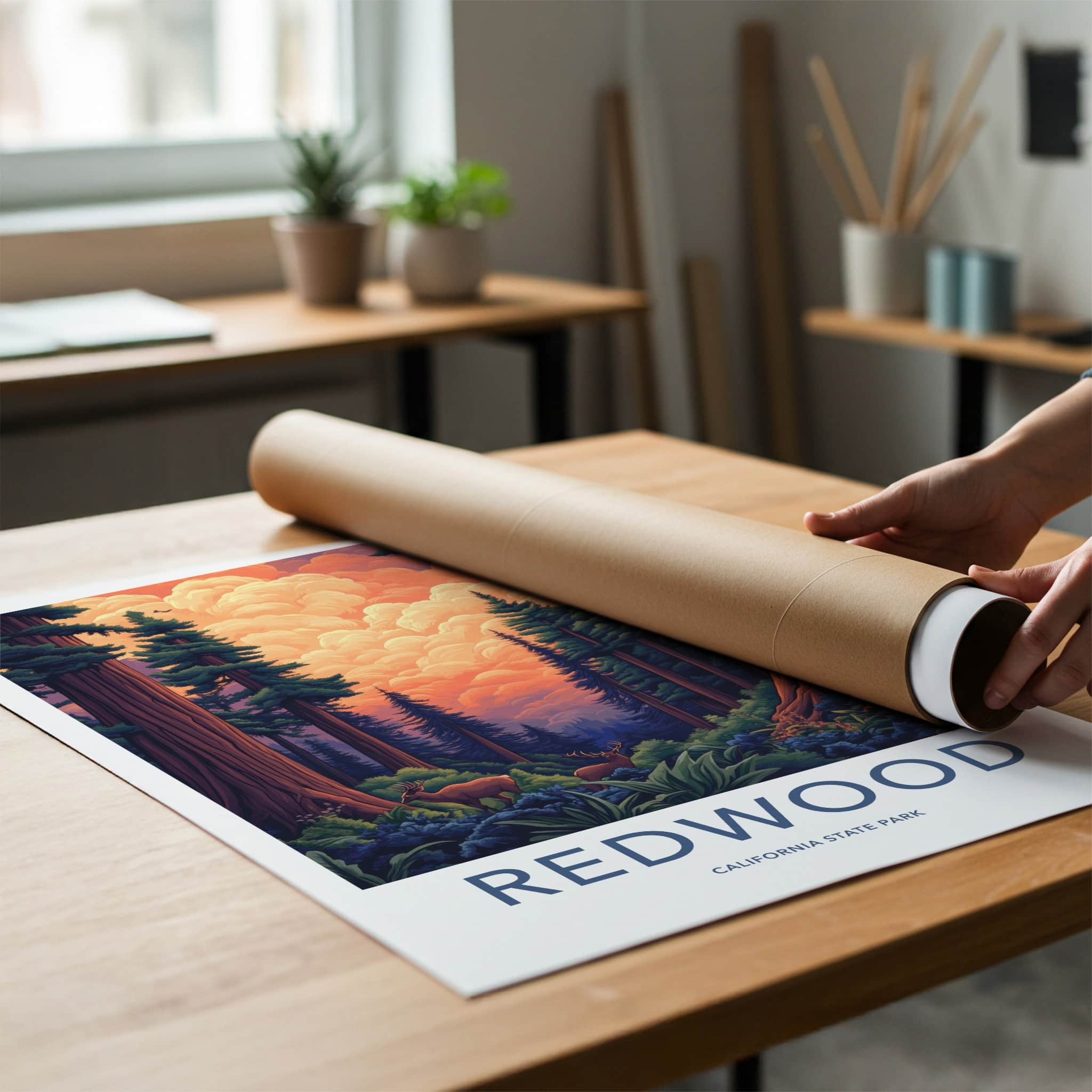 Redwood Poster - California Travel Art - Giant Trees Deer Wall Decor