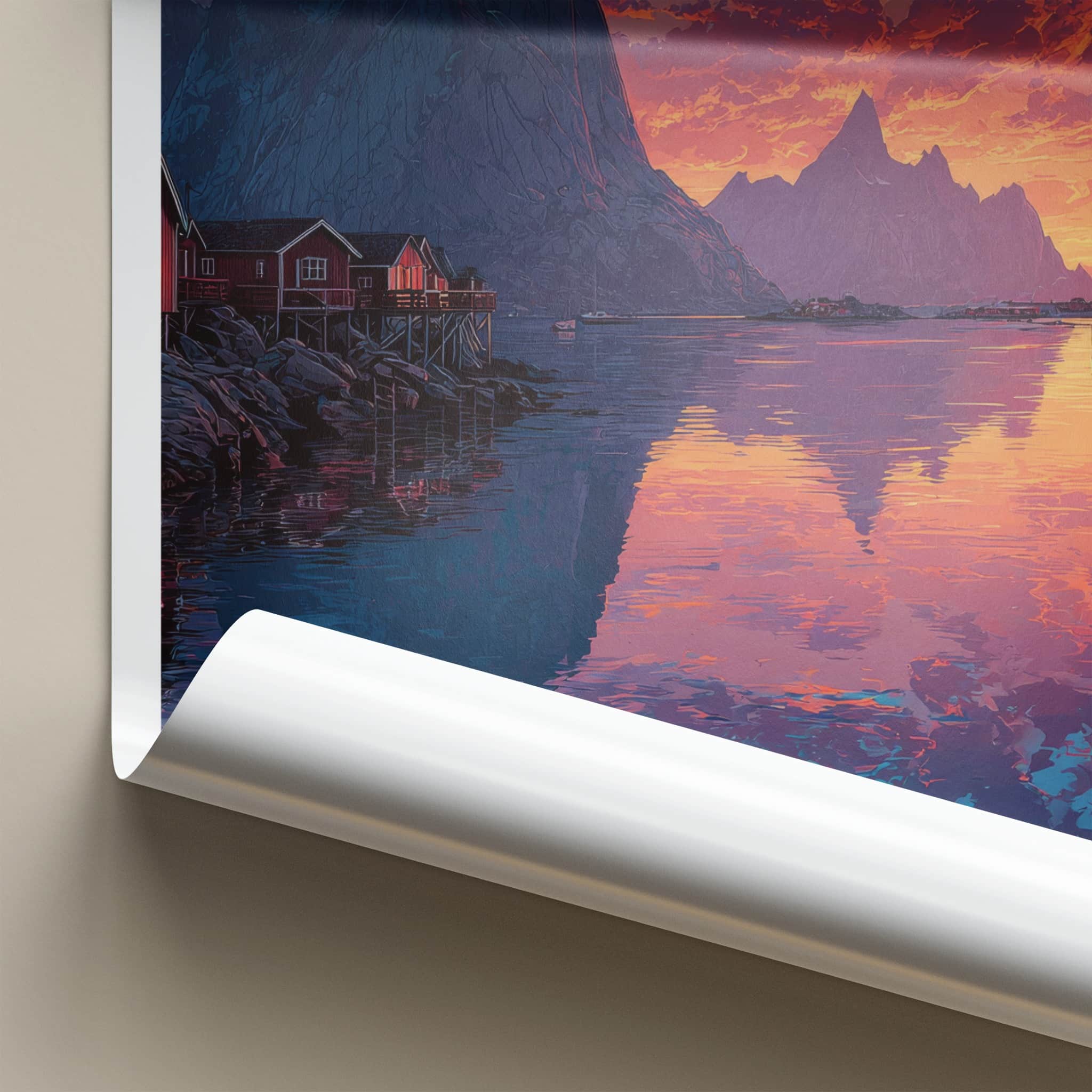 Reine Poster - Norway Travel Art - Orange Sky Fjord Lounge Decor