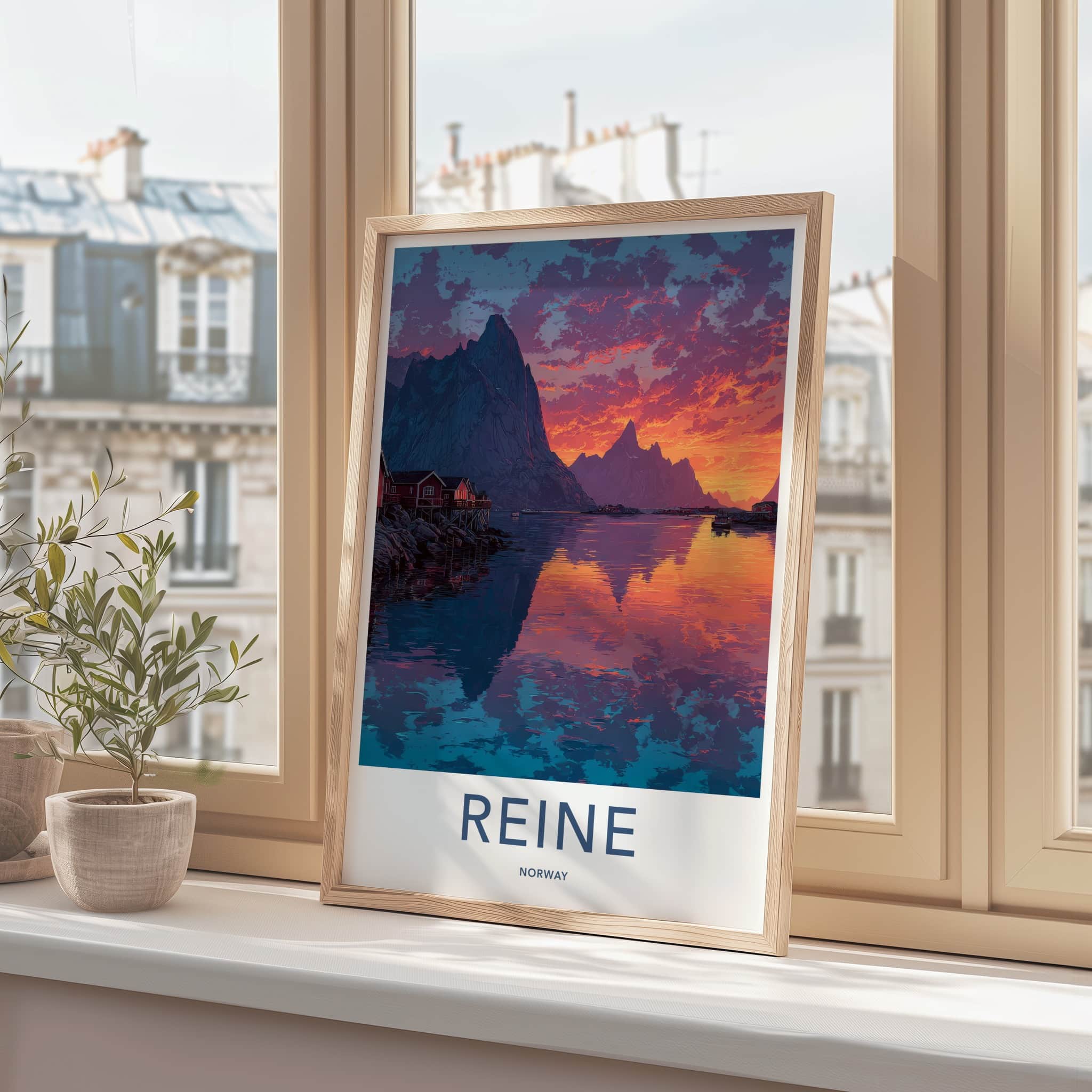 Reine Poster - Norway Travel Art - Orange Sky Fjord Lounge Decor