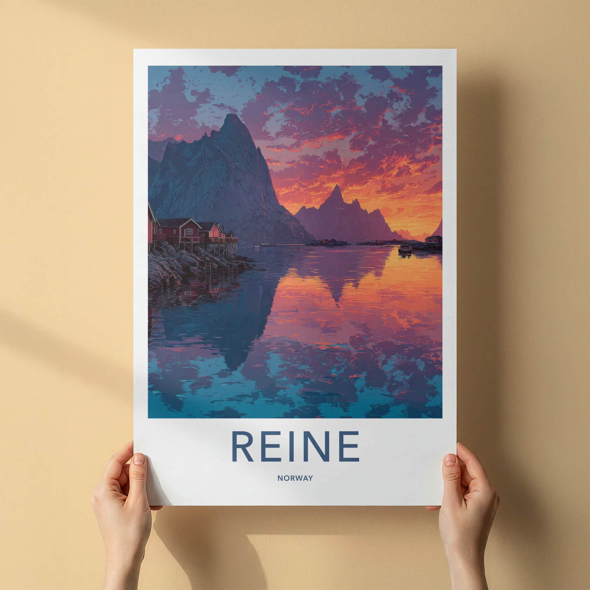 Reine Poster - Norway Travel Art - Orange Sky Fjord Lounge Decor