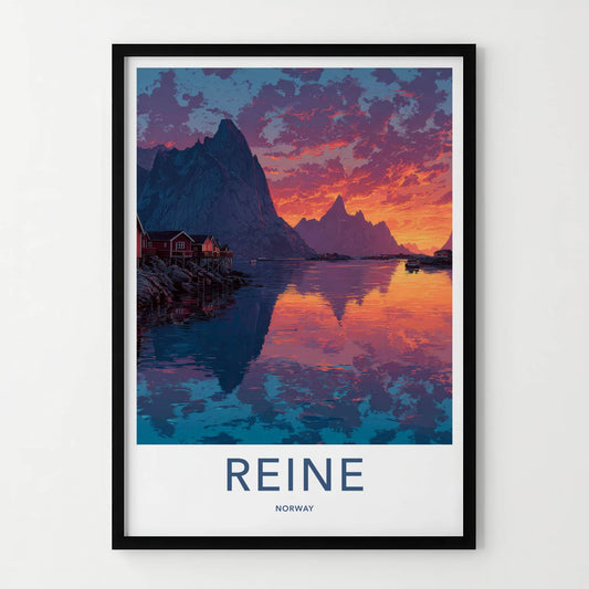 Reine Poster - Norway Travel Art - Orange Sky Fjord Lounge Decor