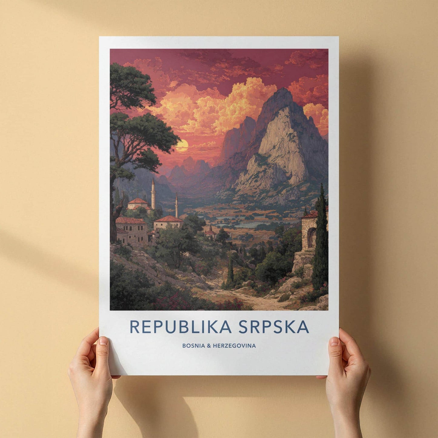 Republika Srpska Poster - Bosnia Herzegovina Art Print - Sunset Mountain Village Gift