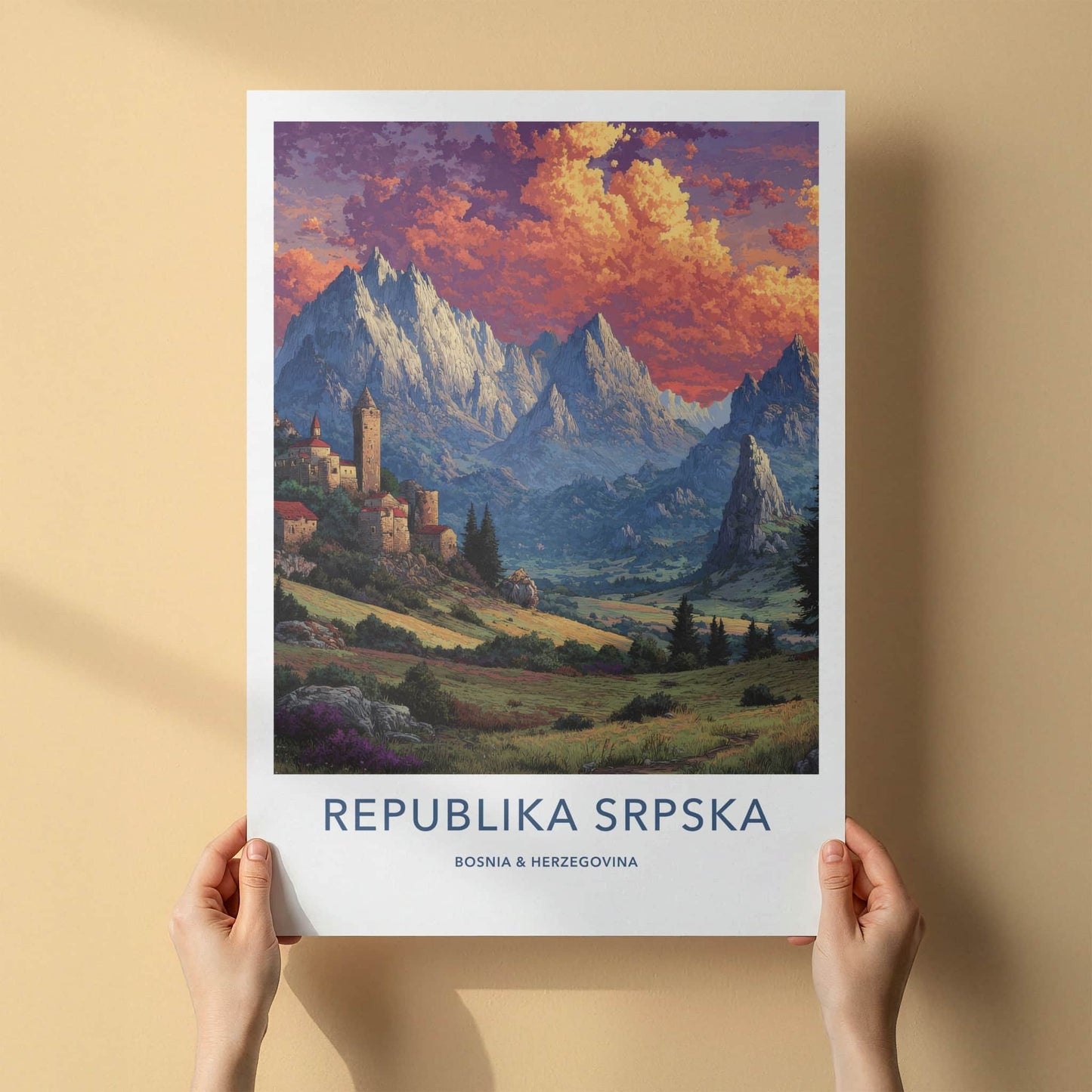 Republika Srpska Poster - Bosnia Herzegovina Travel Print - Village Mountain Evening Home Decor
