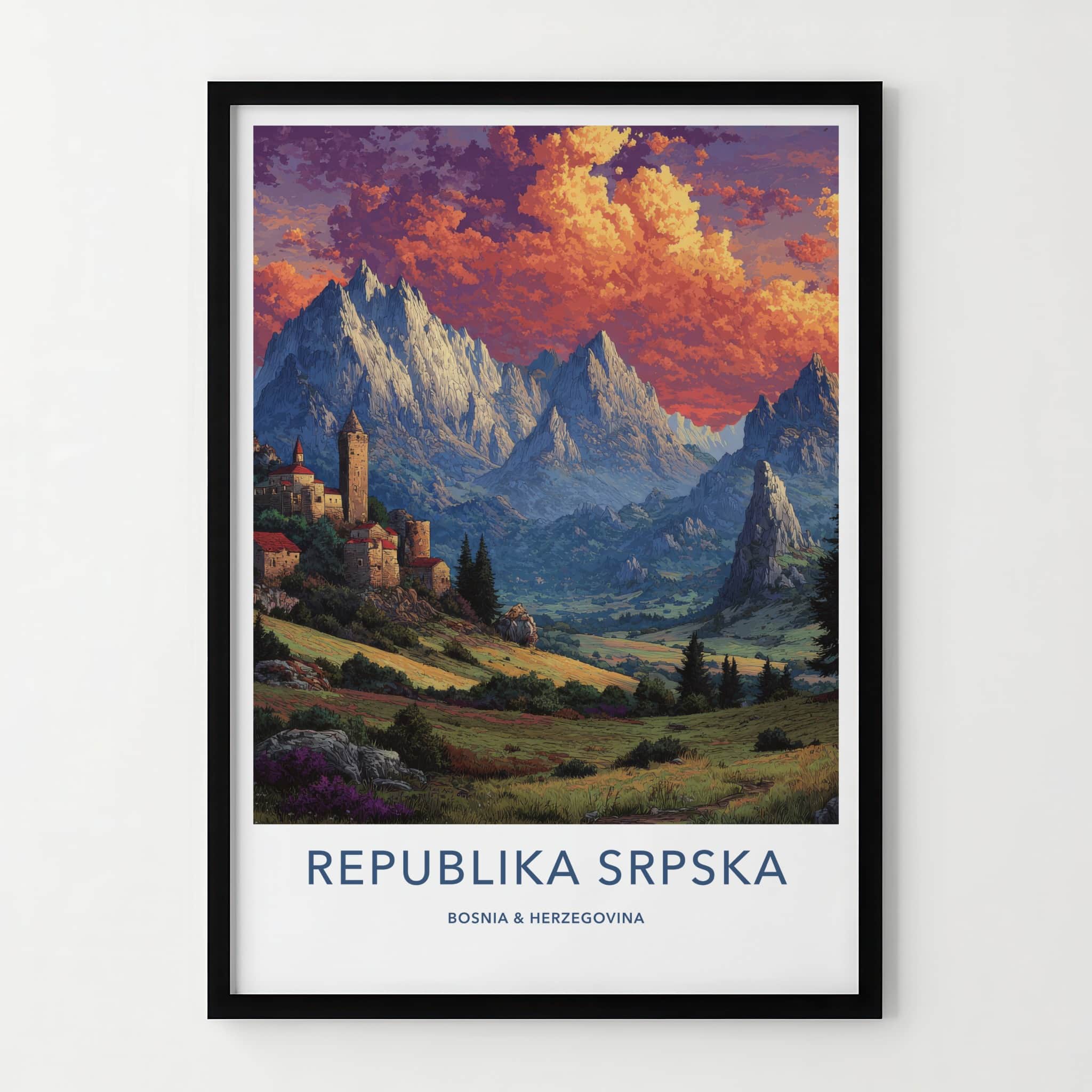 Republika Srpska Poster - Bosnia Herzegovina Travel Print - Village Mountain Evening Home Decor
