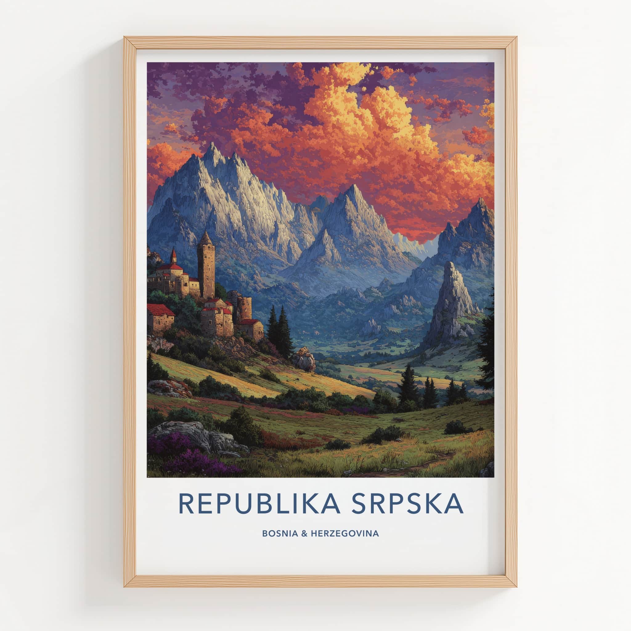 Republika Srpska Poster - Bosnia Herzegovina Travel Print - Village Mountain Evening Home Decor