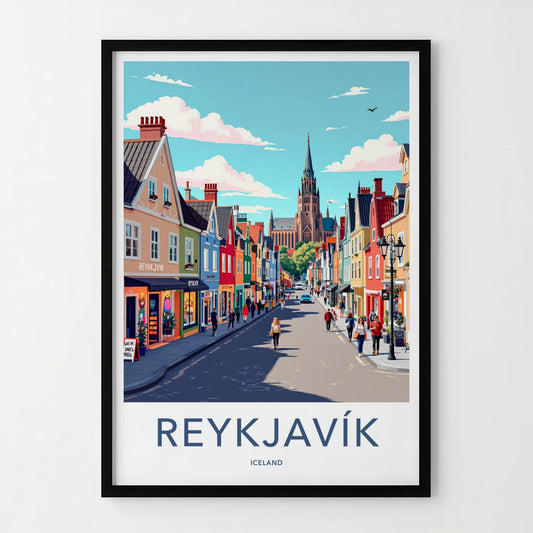 Reykjavik Poster - Iceland Travel Art - Colorful Street Church Home Decor