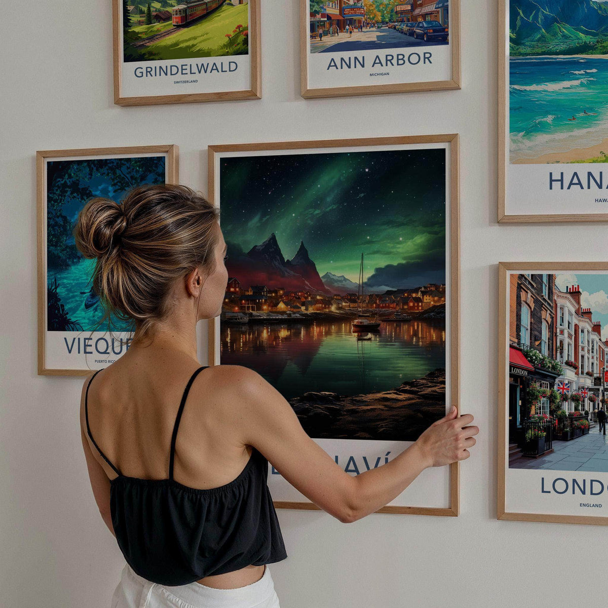 Reykjavik Poster - Iceland Wall Art Featuring Aurora Borealis Night