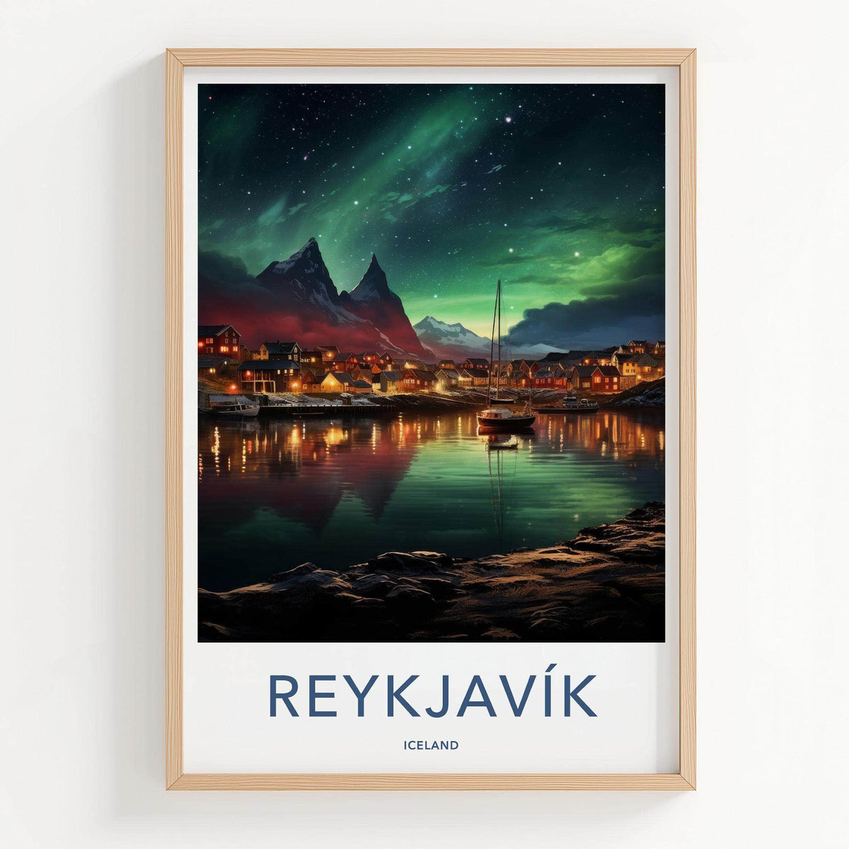 Reykjavik Poster - Iceland Wall Art Featuring Aurora Borealis Night