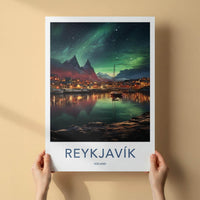 Reykjavik Poster - Iceland Wall Art Featuring Aurora Borealis Night