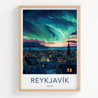 Reykjavik Poster - Iceland Wall Art With Aurora Borealis & Charming