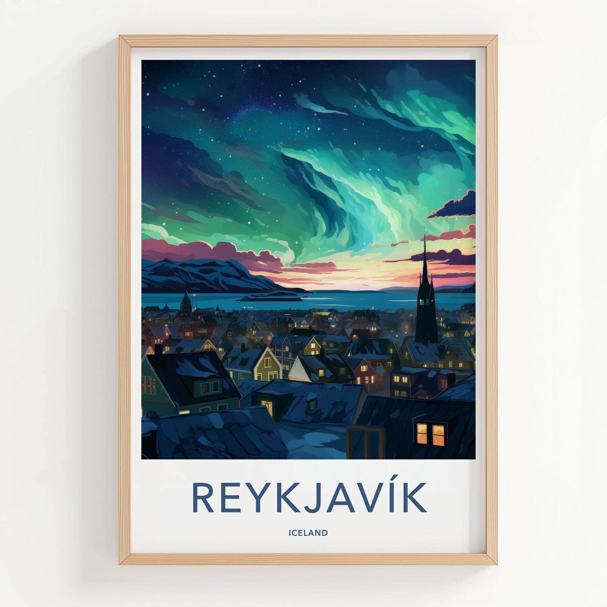 Reykjavik Poster - Iceland Wall Art With Aurora Borealis & Charming