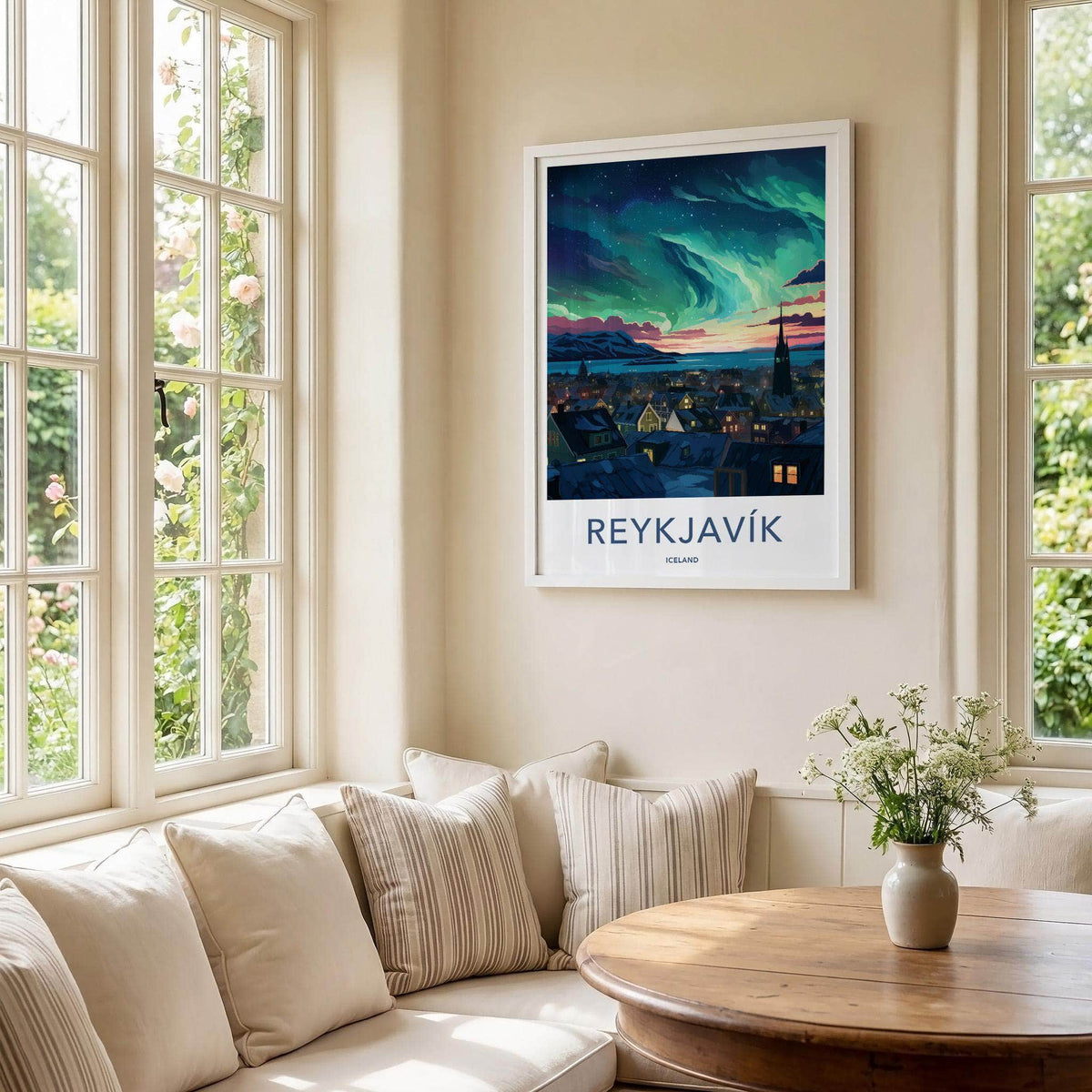 Reykjavik Poster - Iceland Wall Art With Aurora Borealis & Charming
