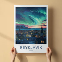 Reykjavik Poster - Iceland Wall Art With Aurora Borealis & Charming