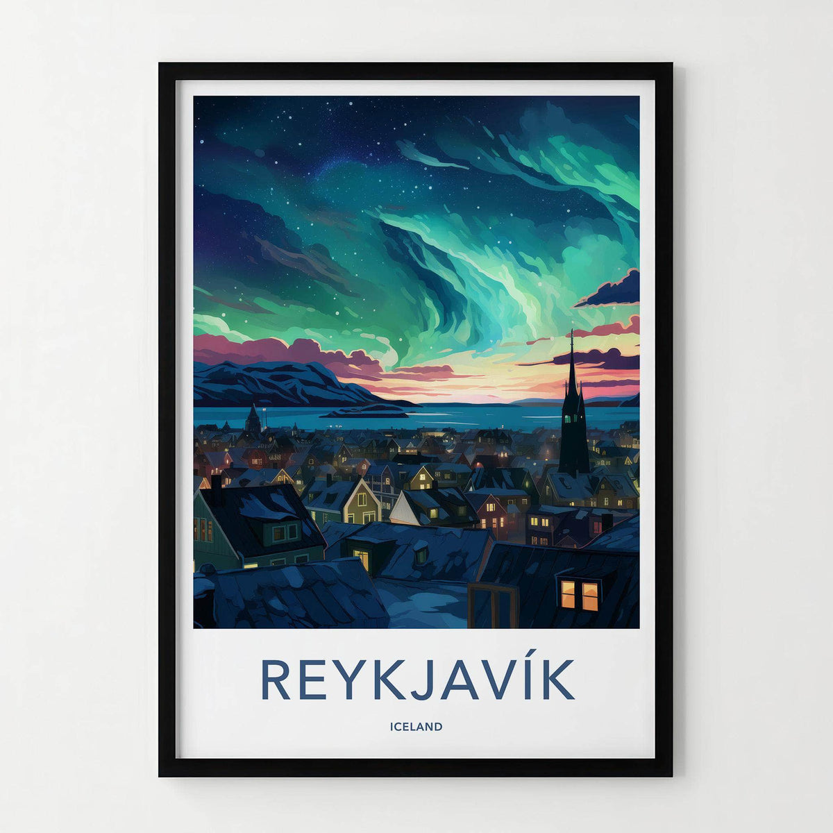 Reykjavik Poster - Iceland Wall Art With Aurora Borealis & Charming