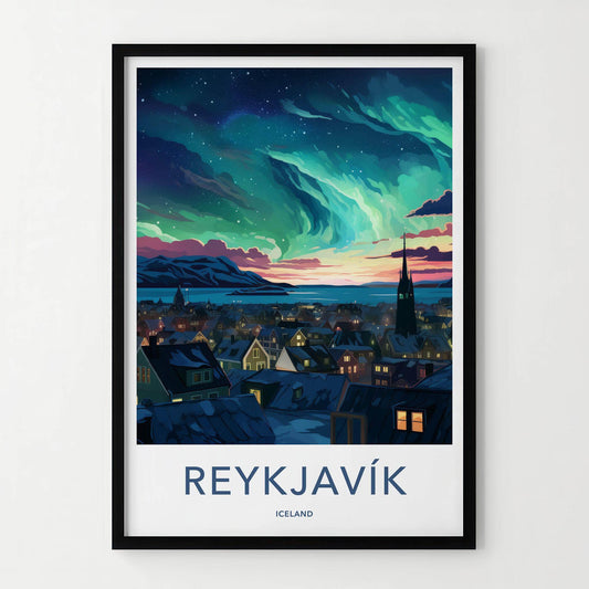 Reykjavik Poster - Iceland Wall Art With Aurora Borealis & Charming