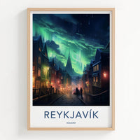 Reykjavik Poster - Iceland Wall Art With Northern Lights Print