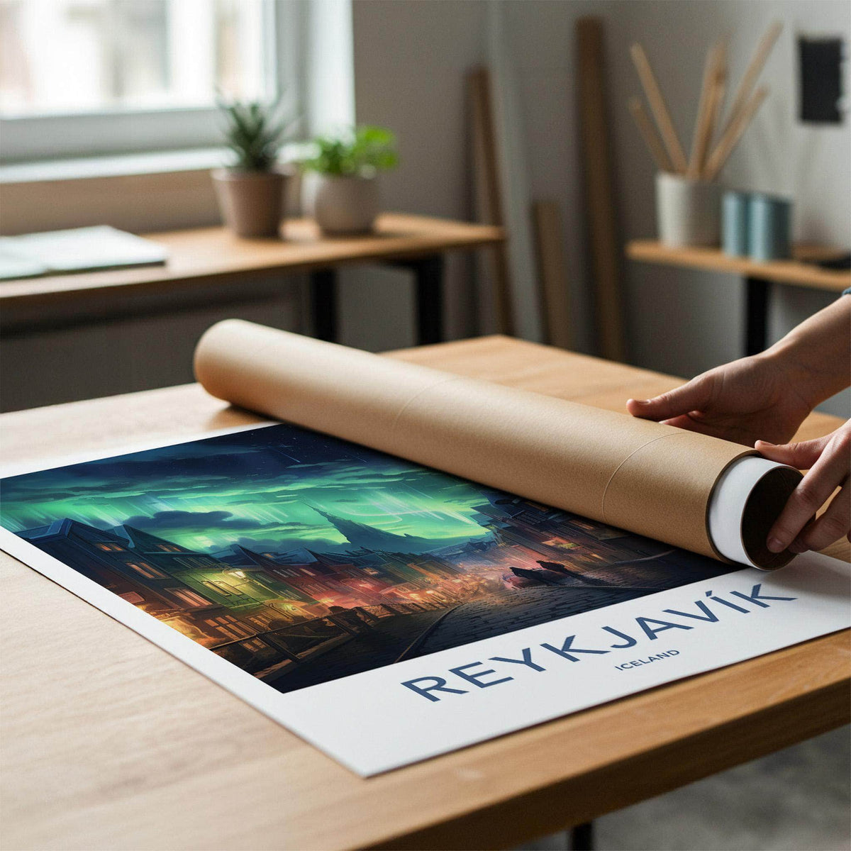 Reykjavik Poster - Iceland Wall Art With Northern Lights Print
