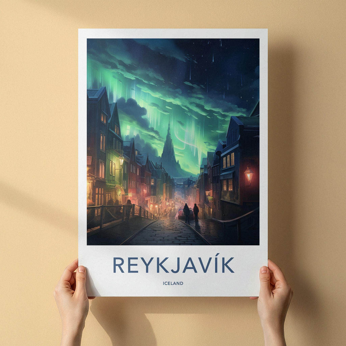 Reykjavik Poster - Iceland Wall Art With Northern Lights Print
