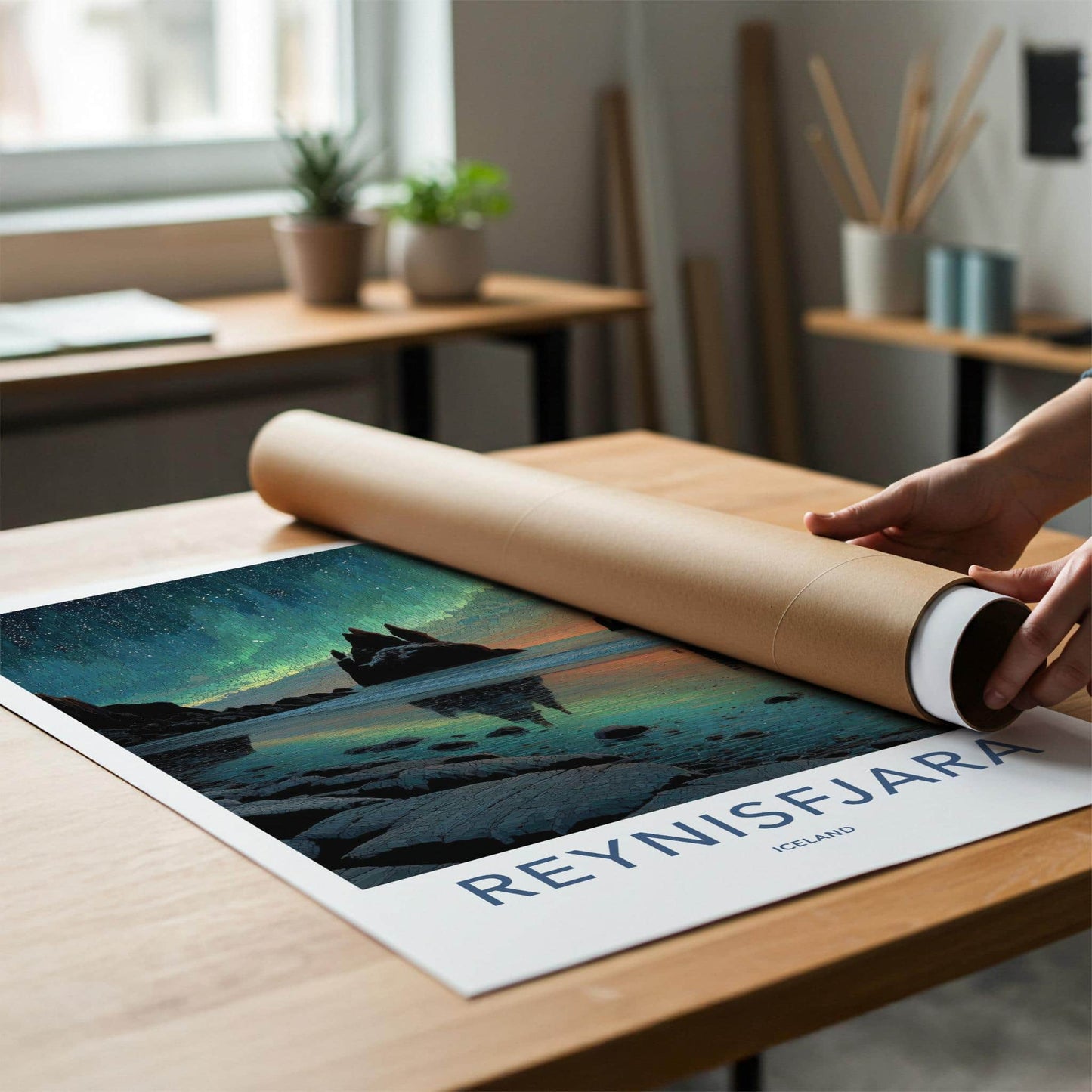 Reynisfjara Poster - Iceland Travel Art - Aurora Sea Stacks Home Decor