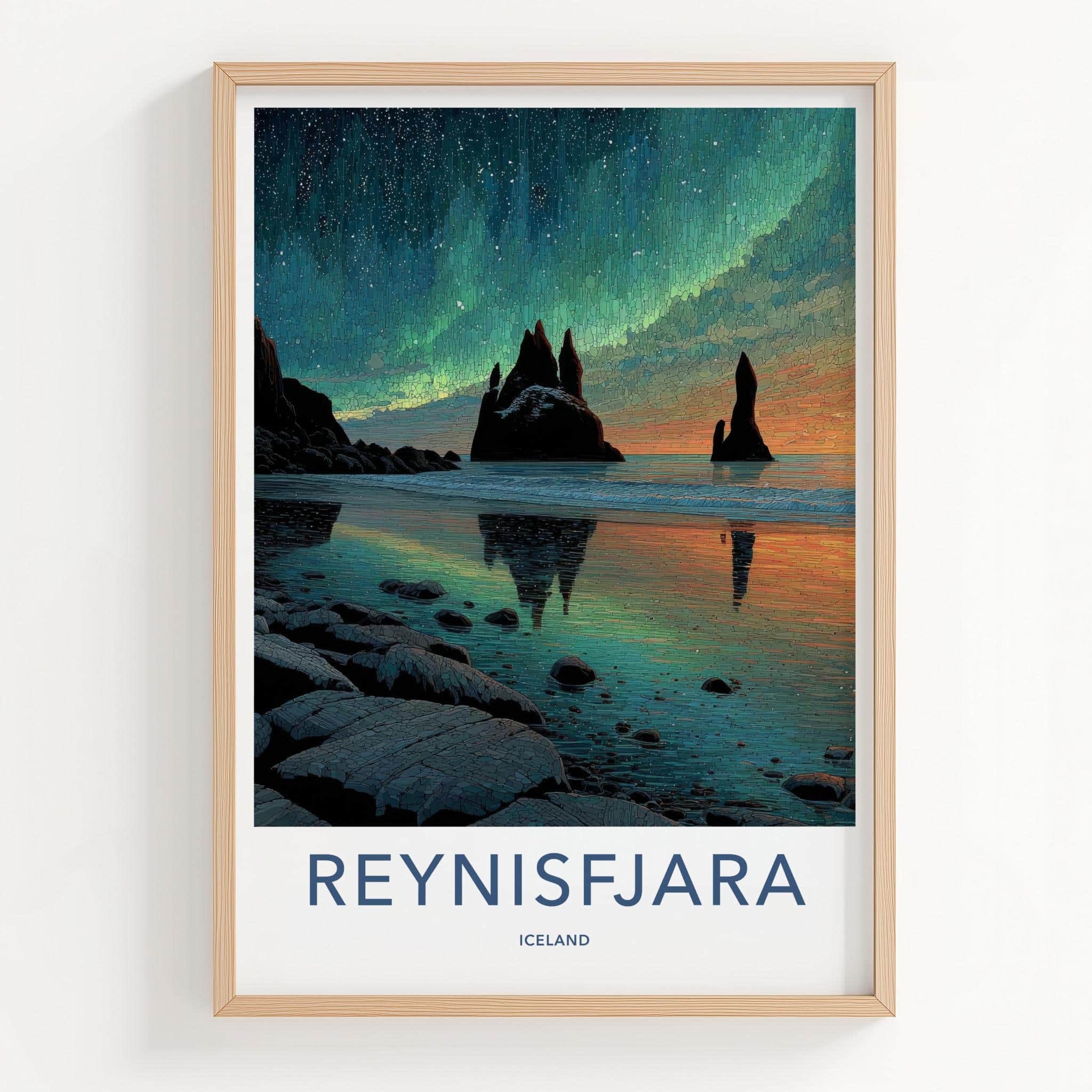 Reynisfjara Poster - Iceland Travel Art - Aurora Sea Stacks Home Decor