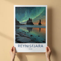 Reynisfjara Poster - Iceland Travel Art - Aurora Sea Stacks Home Decor